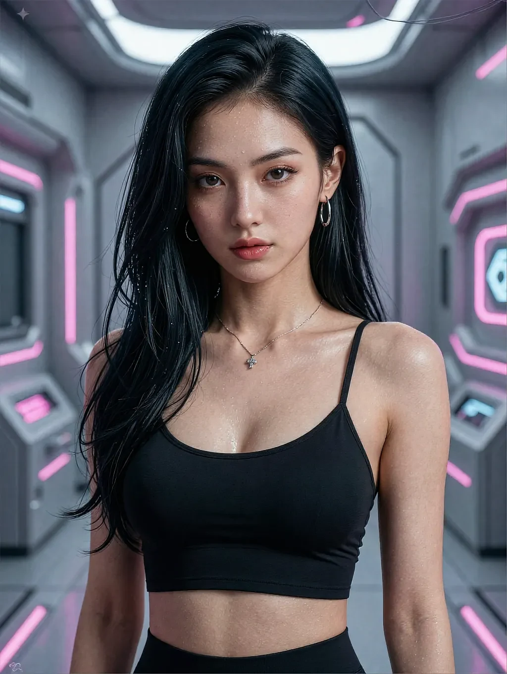 Fictional AI character photographed against a dark window at night